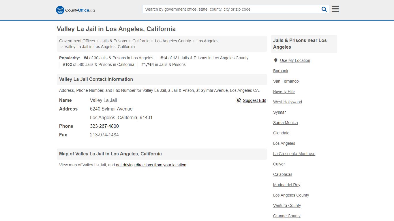 Valley La Jail - Los Angeles, CA (Address, Phone, and Fax) - County Office